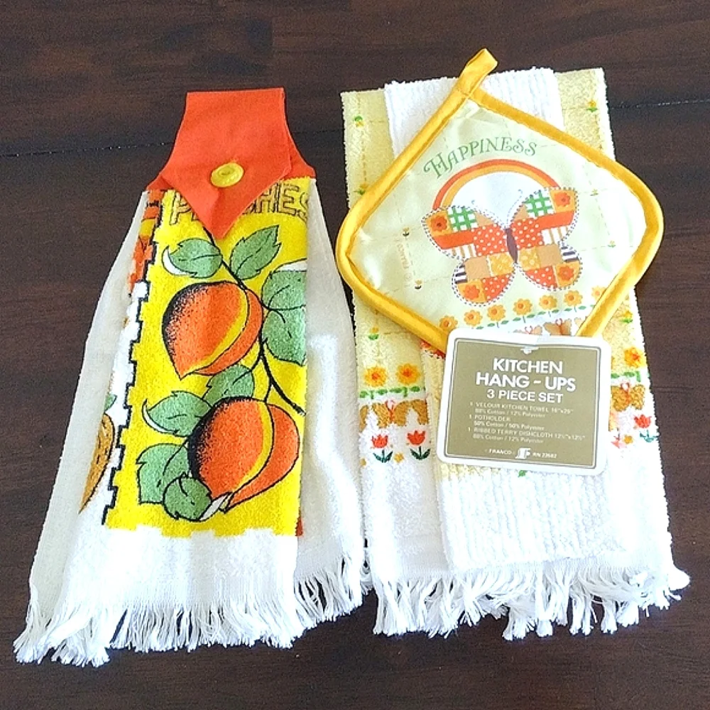 70s Butterfly Happiness kitchen towel dishcloth potholder, oven door towel